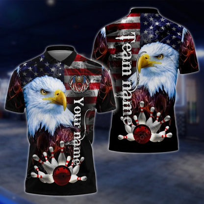 Custom Eagle American Flag Bowling Mens Polo Shirt, Custom Patriotic Eagle Bowling Team Shirts BO0087