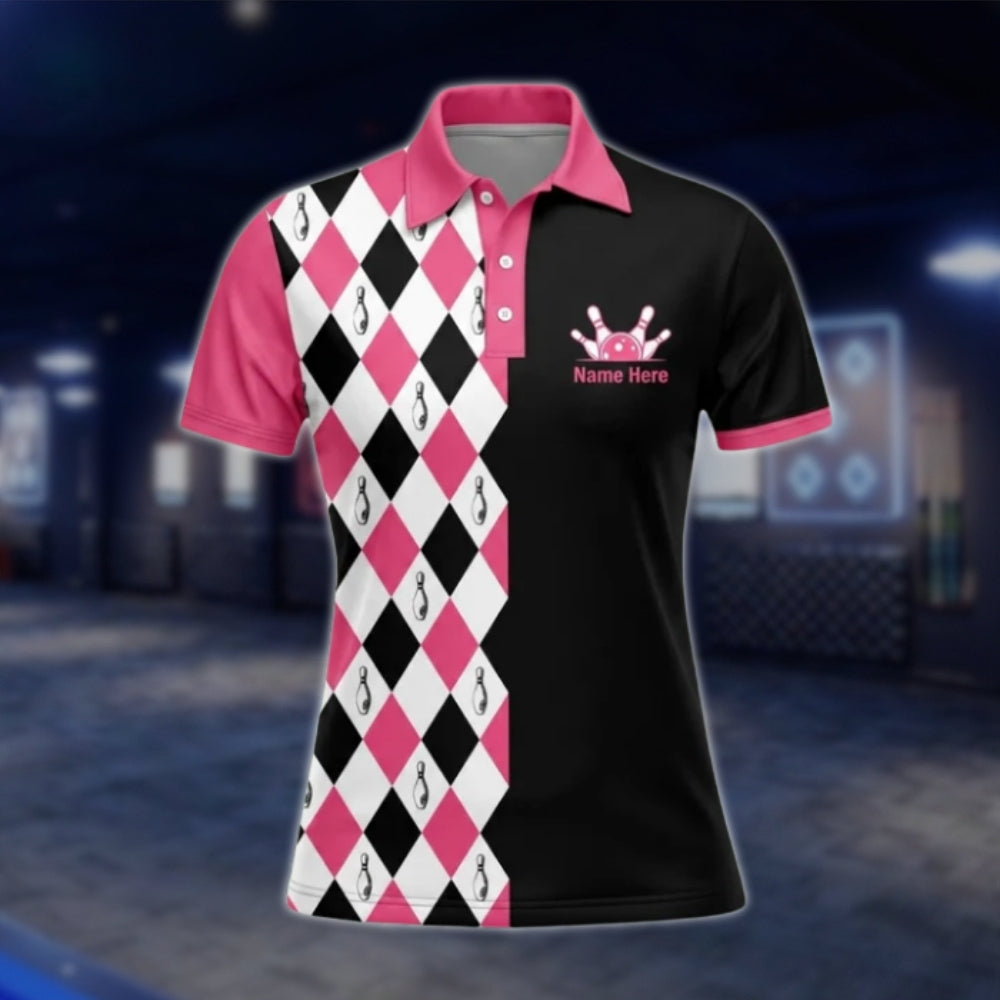 Split Happens Custom Argyle Pink Black Womens Bowling Polo Shirt, Custom Funny Bowling Shirt For Ladies BW0090