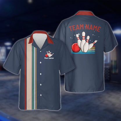 Custom Retro Blue Navy Bowling Hawaiian Shirt Men Women, Custom Retro Bowling Team Shirts BZ0005