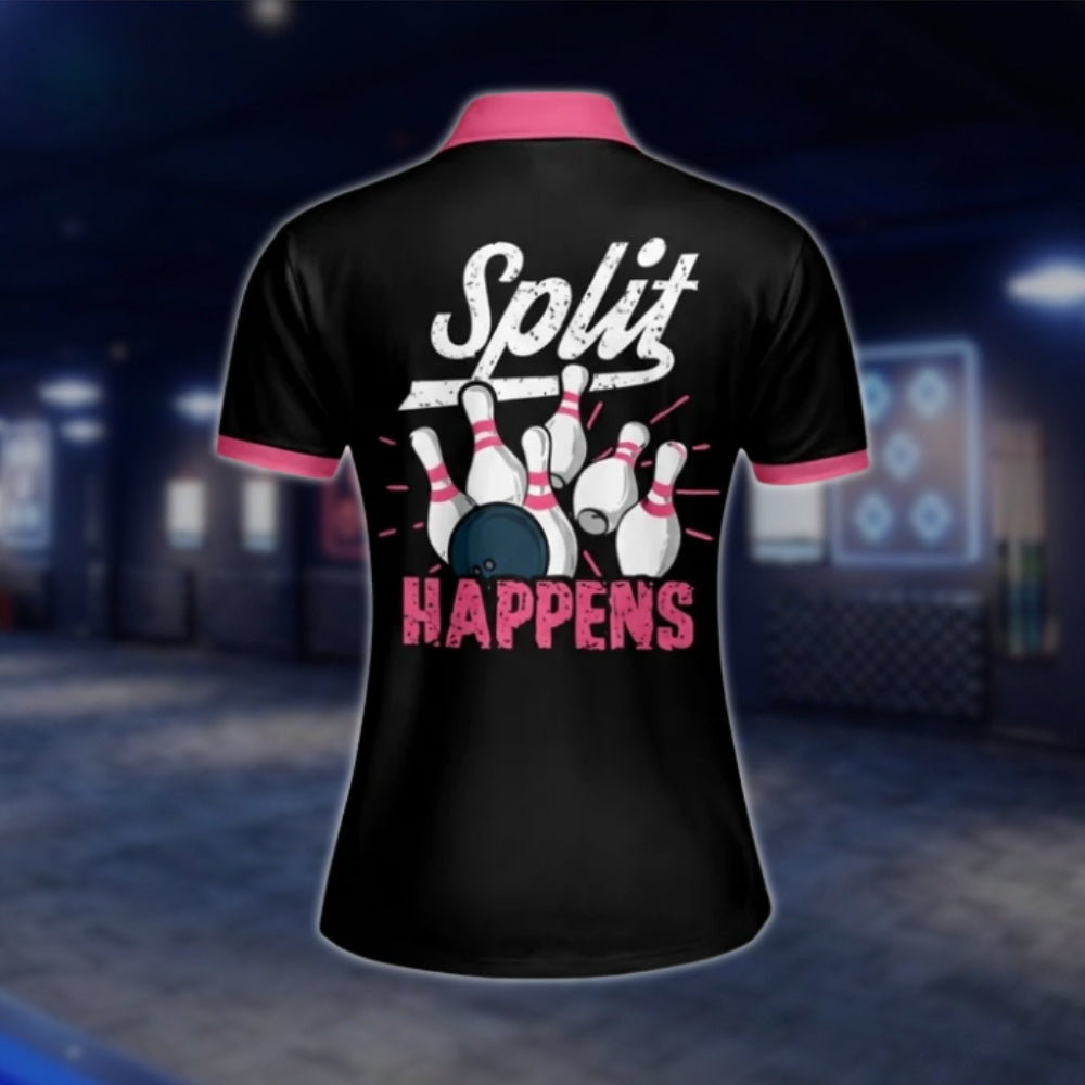 Split Happens Custom Argyle Pink Black Womens Bowling Polo Shirt, Custom Funny Bowling Shirt For Ladies BW0090