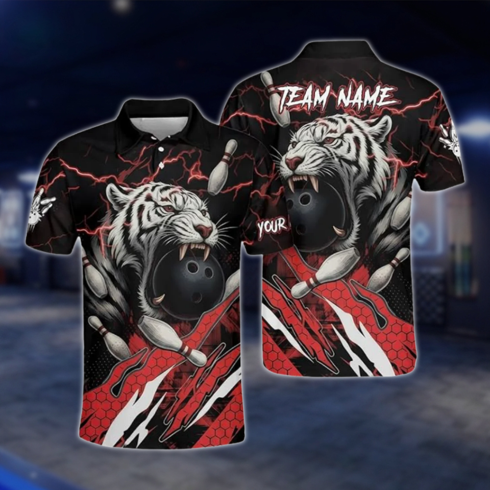 Personalized Tiger Red Black Bowling Mens Polo Shirt, Custom Tiger Bowling Shirt Team BZ0781