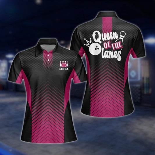 Queen Of The Lanes Custom Womens Black Pink Bowling Polo Shirt, Custom Funny Bowling Shirt For Ladies BW0009