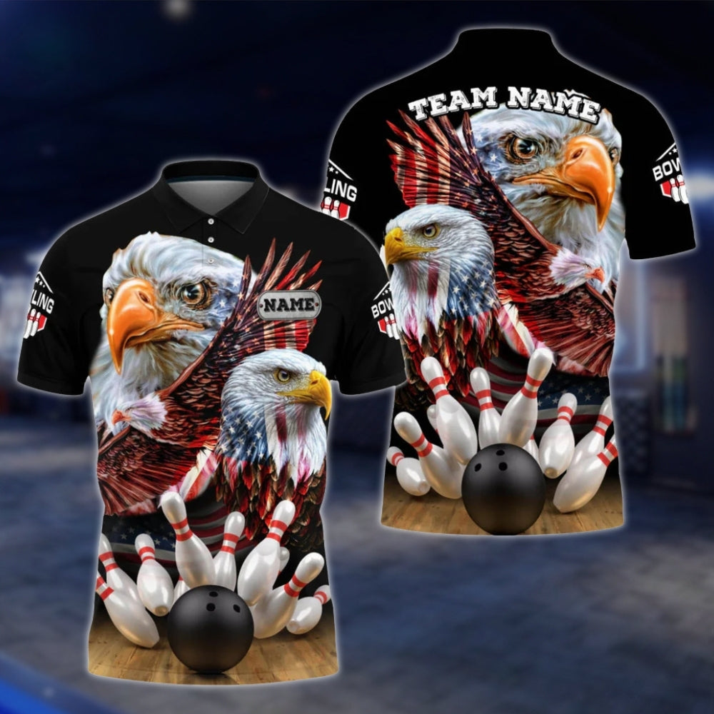 Custom Eagle American Flag Bowling Mens Polo Shirt, Custom Patriotic Eagle Bowling Team Shirts BO0087