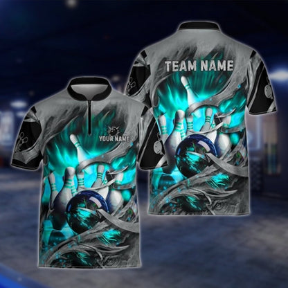 Custom Blue Grey Grunge Bowling Team Jersey For Mens, Custom Bowling Shirts For Team BZ0003