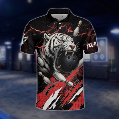 Personalized Tiger Red Black Bowling Mens Polo Shirt, Custom Tiger Bowling Shirt Team BZ0781