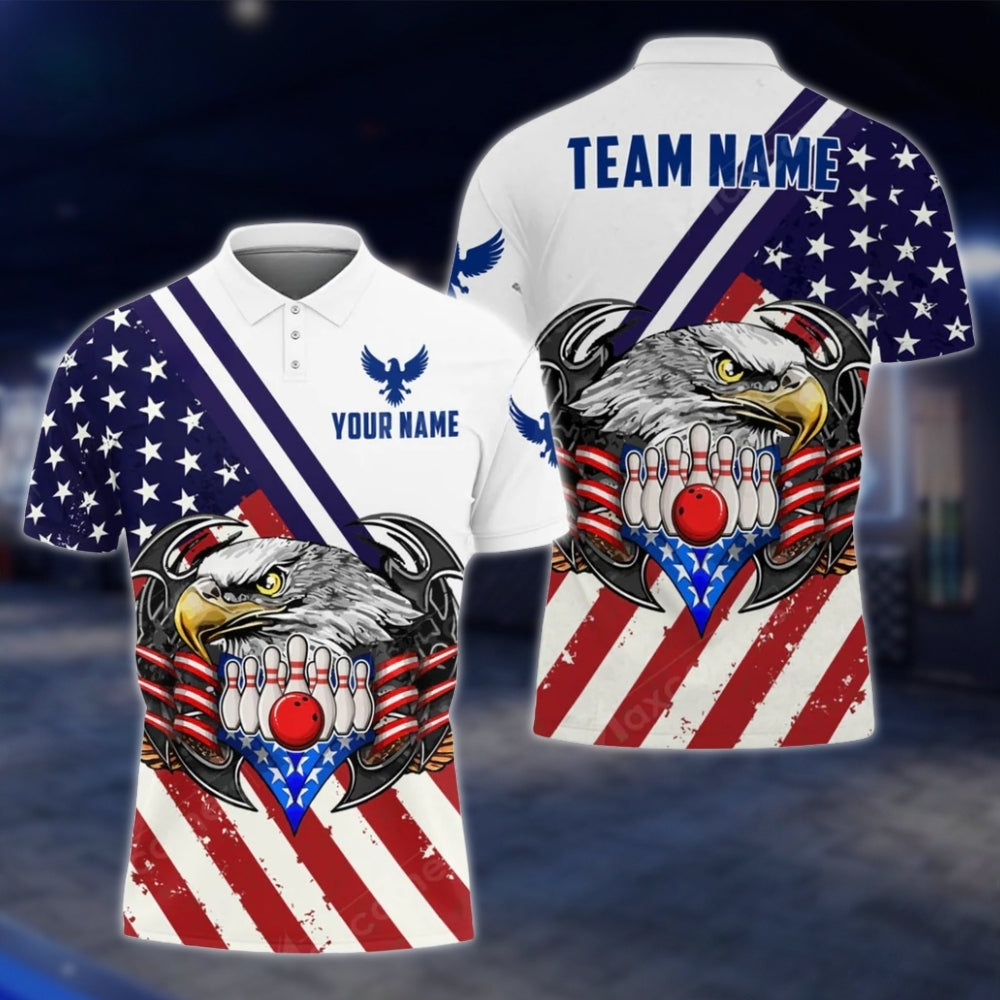 Custom Eagle American Flag Bowling Mens Polo Shirt, Custom Patriotic Eagle Bowling Team Shirts BO0087
