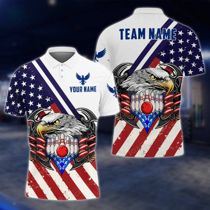 Custom Eagle American Flag Bowling Mens Polo Shirt, Custom Patriotic Eagle Bowling Team Shirts BO0087