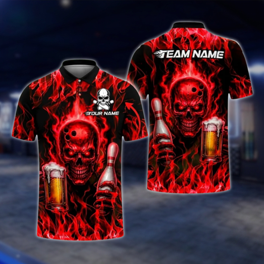 Personalised Blue Flame Skull And Beer Mens Bowling Polo Shirts, Custom Team Skull Bowling Shirts BZ0468