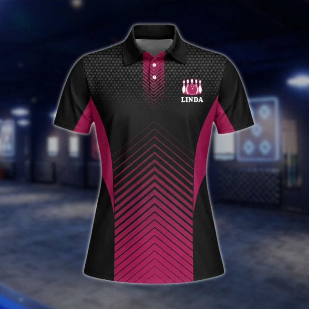 Queen Of The Lanes Custom Womens Black Pink Bowling Polo Shirt, Custom Funny Bowling Shirt For Ladies BW0009