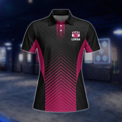 Queen Of The Lanes Custom Womens Black Pink Bowling Polo Shirt, Custom Funny Bowling Shirt For Ladies BW0009