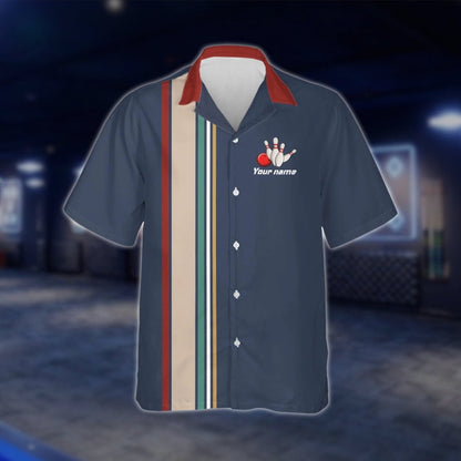 Custom Retro Blue Navy Bowling Hawaiian Shirt Men Women, Custom Retro Bowling Team Shirts BZ0005
