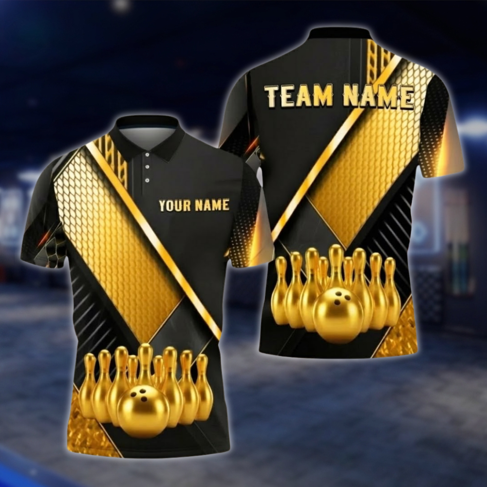 Personalized Mens Black And Gold Polo Bowling Team Shirts, Custom Team Bowling Shirt BZ0749