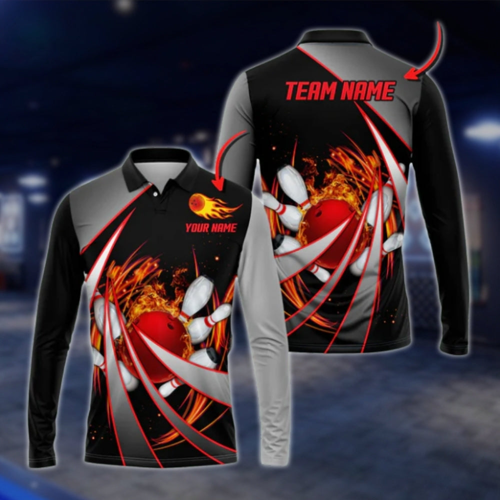Custom Flame Purple Black Bowling Long Sleeve Polo Shirt For Mens, Custom Flame Bowling Team Shirts BO0258