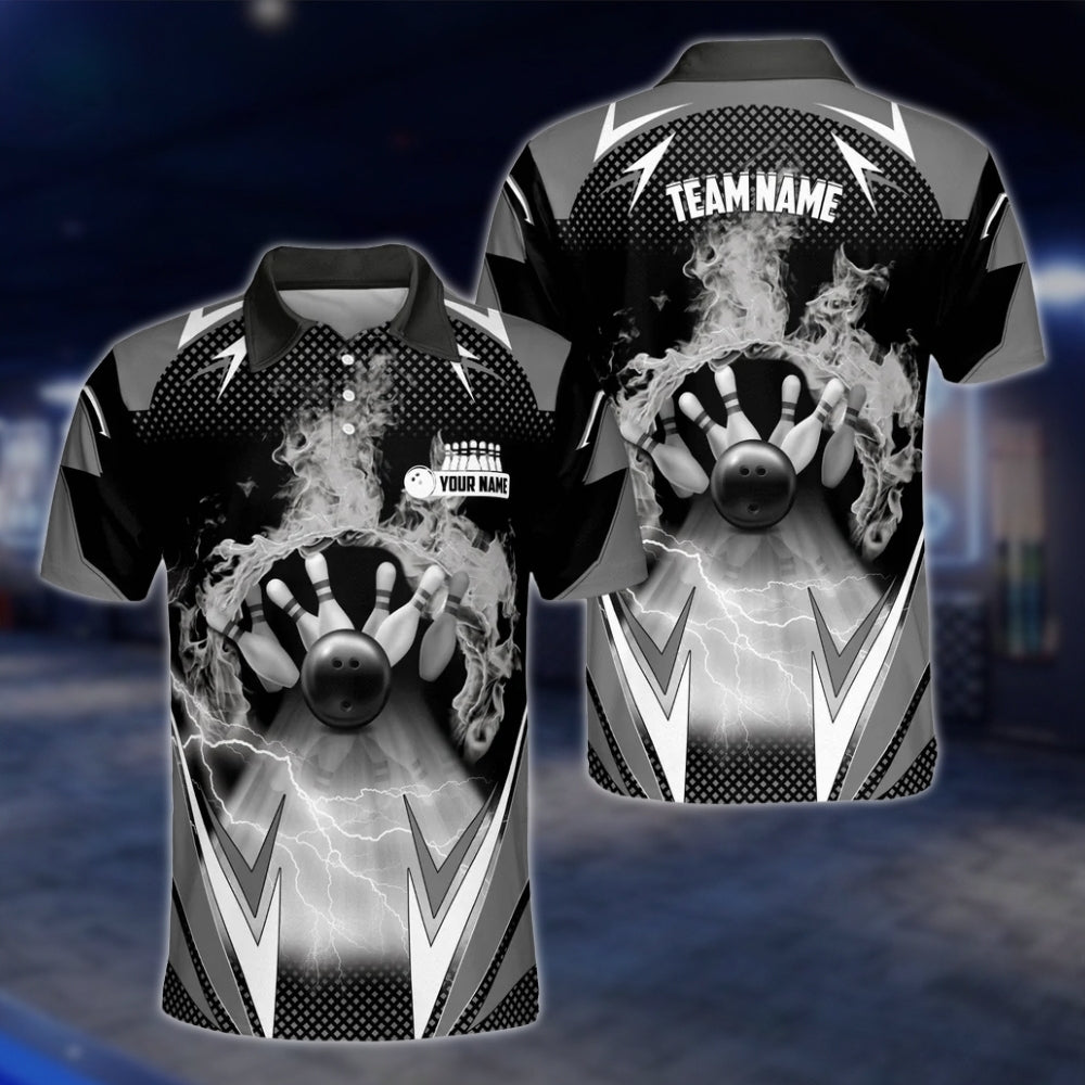 Custom Flame Black Grey Mens Bowling Polo Shirt, Custom Flame Bowling Team Shirts BZ0172