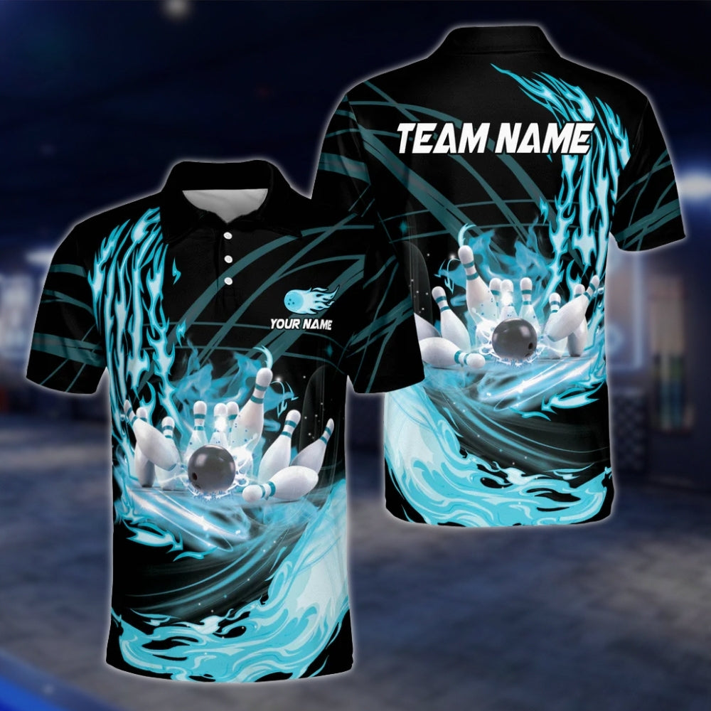 Custom Flame Cyan Bowling Mens Polo Shirt, Custom Team Flame Bowling Shirts BZ0241