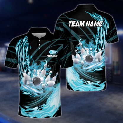 Custom Flame Cyan Bowling Mens Polo Shirt, Custom Team Flame Bowling Shirts BZ0241