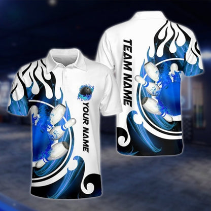 Flame Custom Blue And White Bowling Polo Shirt Mens, Custom Flame Bowling Team Shirts BZ0173