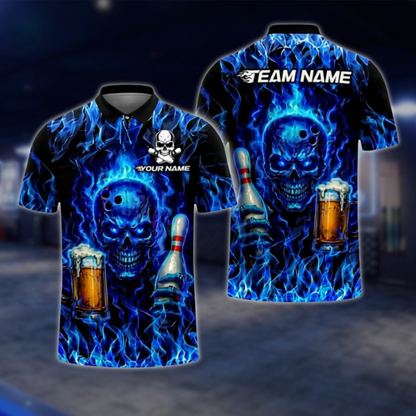 Personalised Blue Flame Skull And Beer Mens Bowling Polo Shirts, Custom Team Skull Bowling Shirts BZ0468