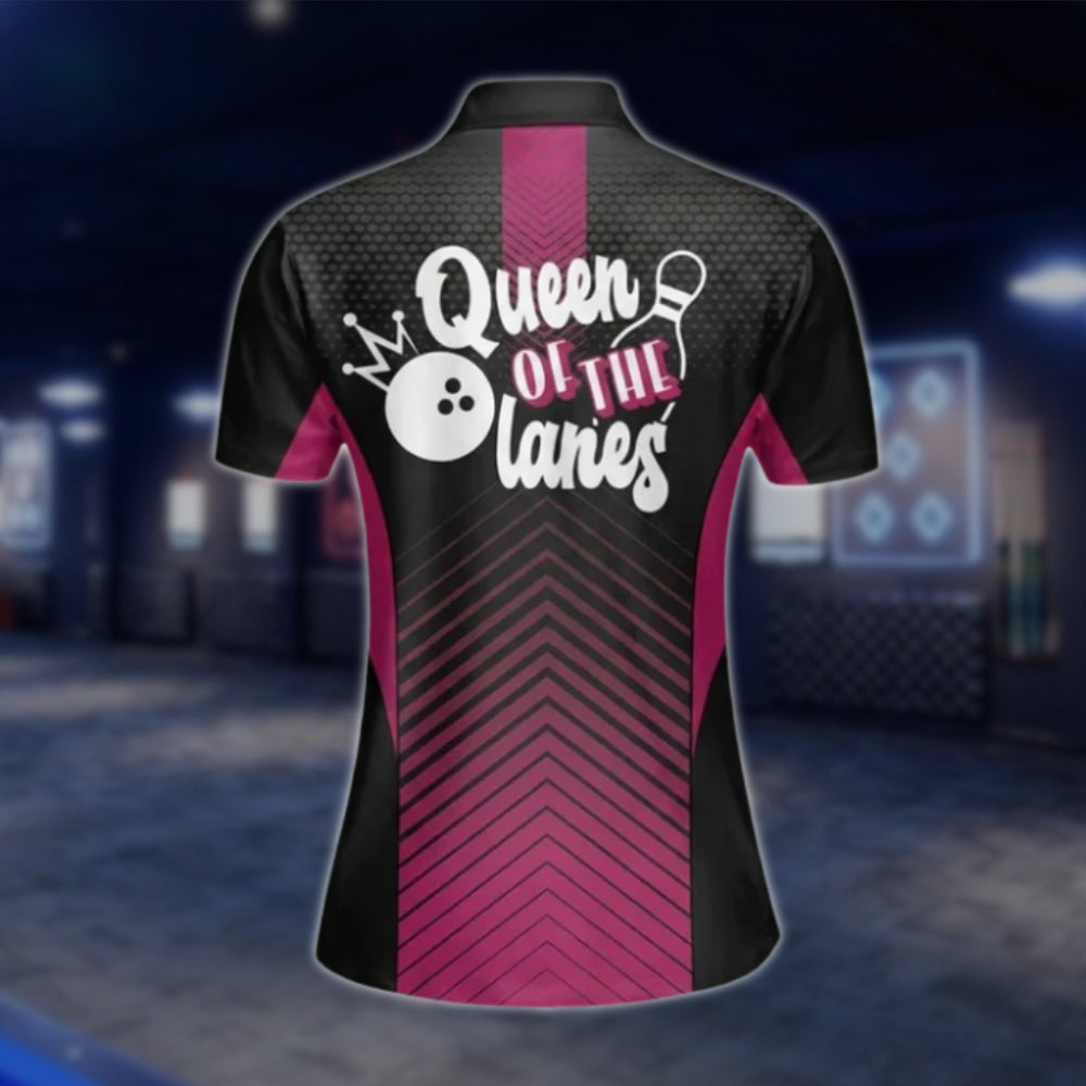 Queen Of The Lanes Custom Womens Black Pink Bowling Polo Shirt, Custom Funny Bowling Shirt For Ladies BW0009