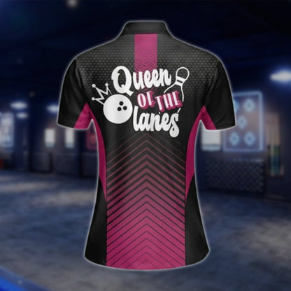 Queen Of The Lanes Custom Womens Black Pink Bowling Polo Shirt, Custom Funny Bowling Shirt For Ladies BW0009