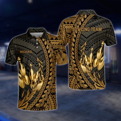 Custom Tribal Golden Black Bowling Polo Shirt For Mens, Custom Tribal Bowling Team Shirts BO0196