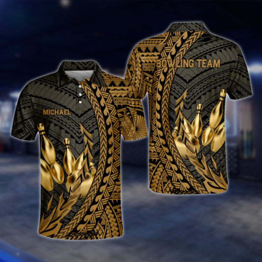 Custom Tribal Golden Black Bowling Polo Shirt For Mens, Custom Tribal Bowling Team Shirts BO0196