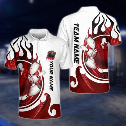 Flame Custom Blue And White Bowling Polo Shirt Mens, Custom Flame Bowling Team Shirts BZ0173
