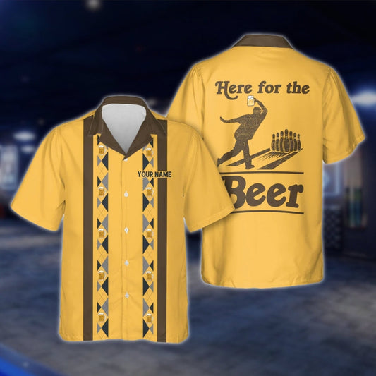 Here For The Beer Custom Mens Bowling Hawaiian Shirts, Custom Beer Lover Bowling Shirts BZ0010