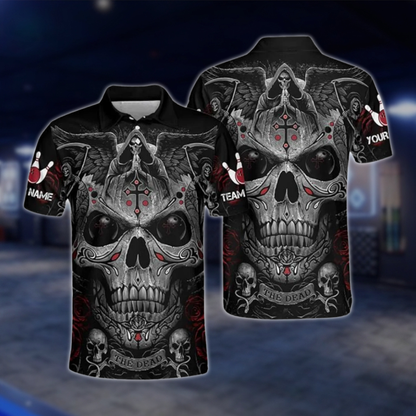 Personalized Reaper Skull Cross Bowling Polo Shirt For Men, Custom Skull Team Bowling Shirt BZ0782