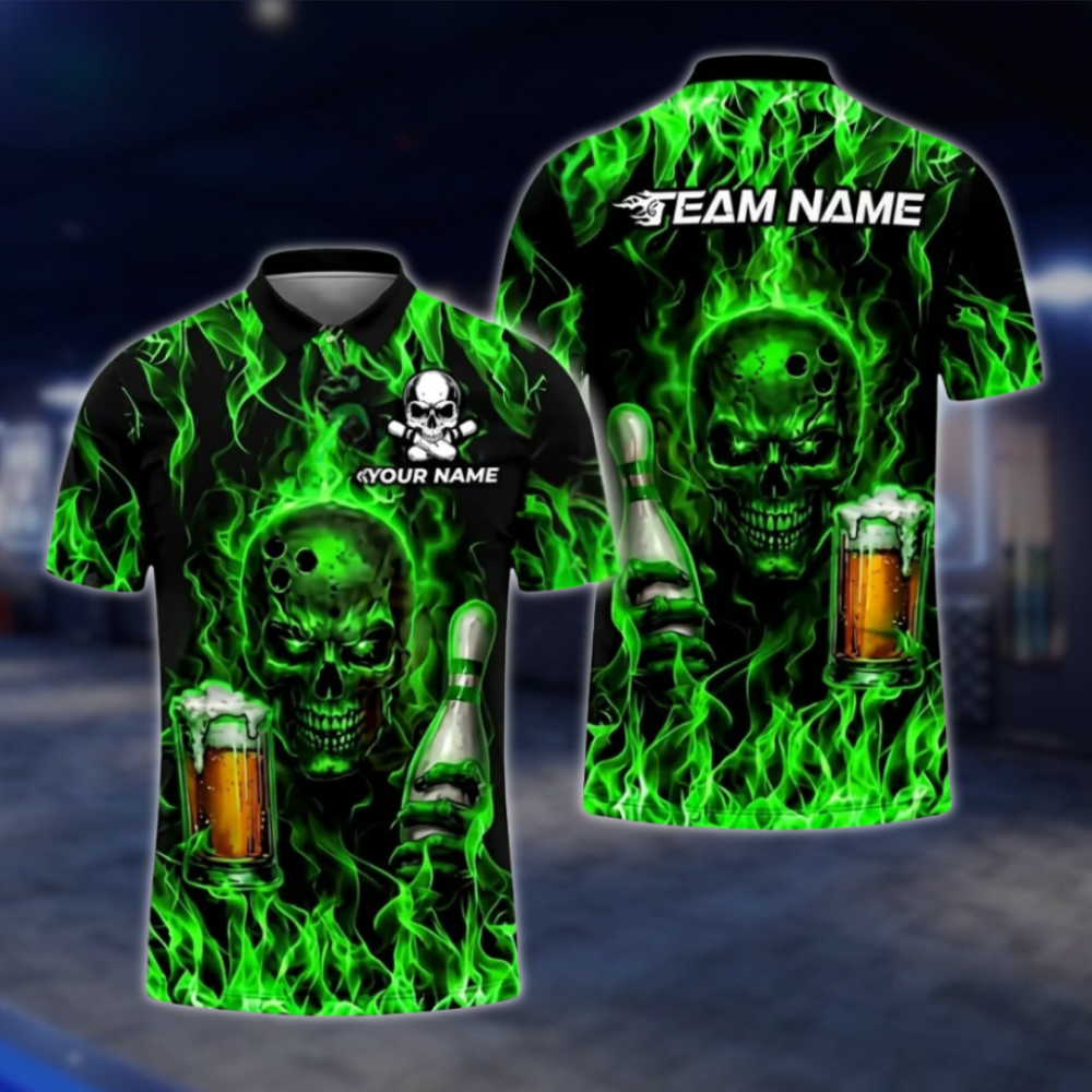 Personalised Blue Flame Skull And Beer Mens Bowling Polo Shirts, Custom Team Skull Bowling Shirts BZ0468