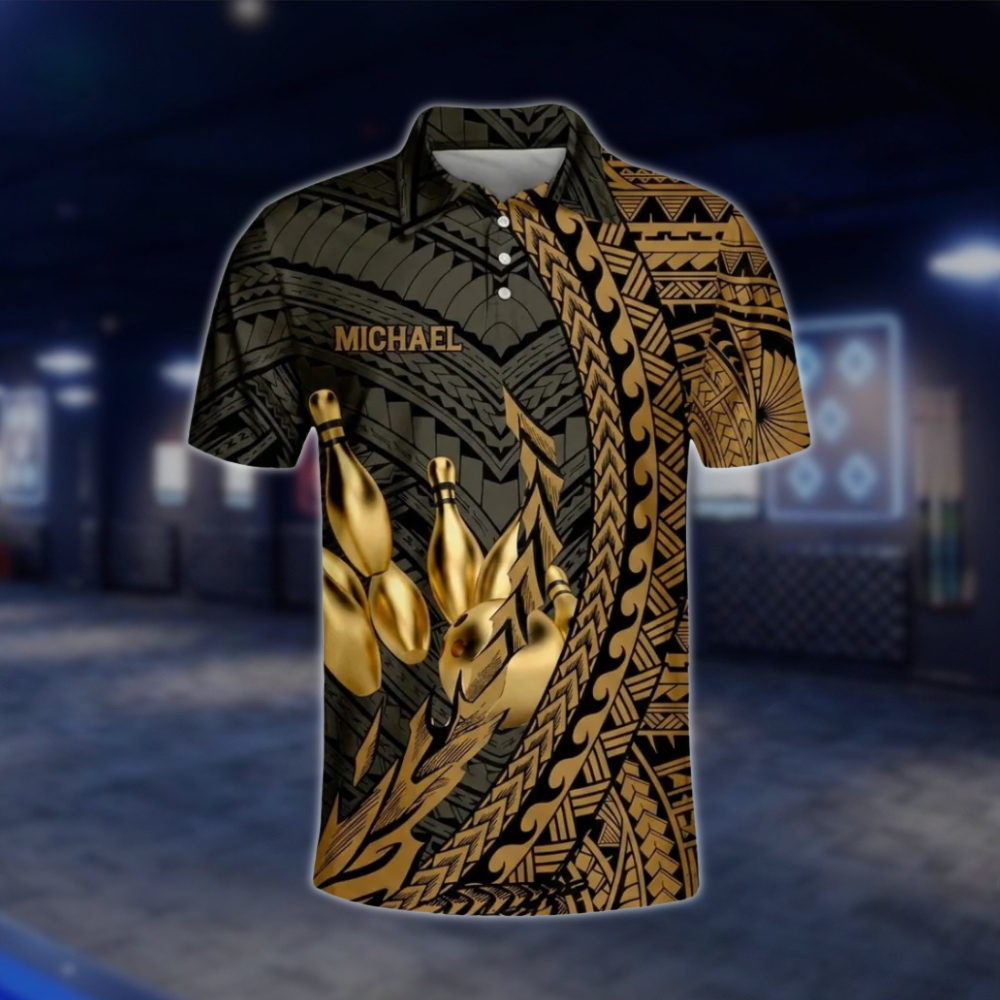 Custom Tribal Golden Black Bowling Polo Shirt For Mens, Custom Tribal Bowling Team Shirts BO0196