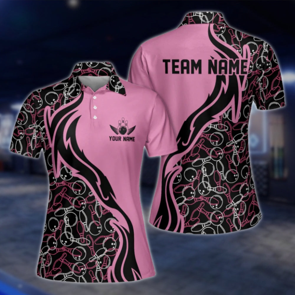 Custom Womens Bowling Pattern Black Pink Bowling Polo Shirt, Custom Bowling Team Shirts For Ladies BW0160