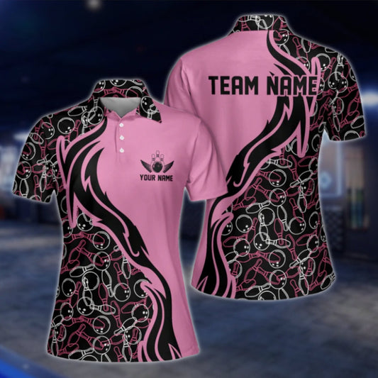 Custom Womens Bowling Pattern Black Pink Bowling Polo Shirt, Custom Bowling Team Shirts For Ladies BW0160