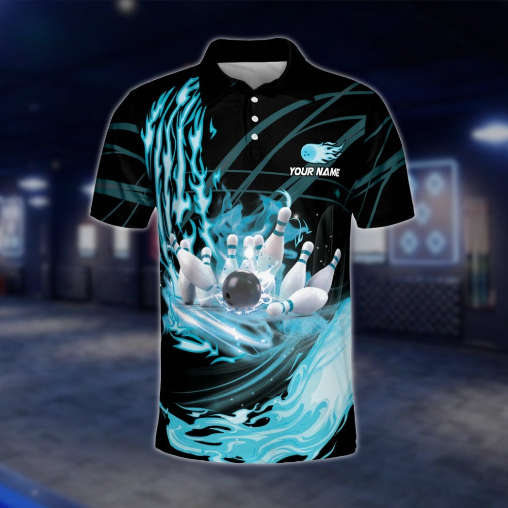 Custom Flame Cyan Bowling Mens Polo Shirt, Custom Team Flame Bowling Shirts BZ0241