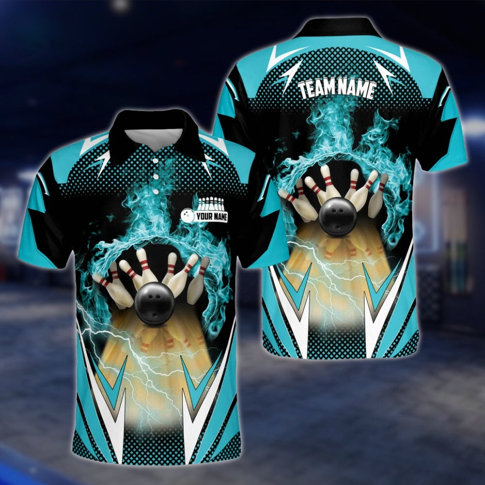 Custom Flame Black Grey Mens Bowling Polo Shirt, Custom Flame Bowling Team Shirts BZ0172