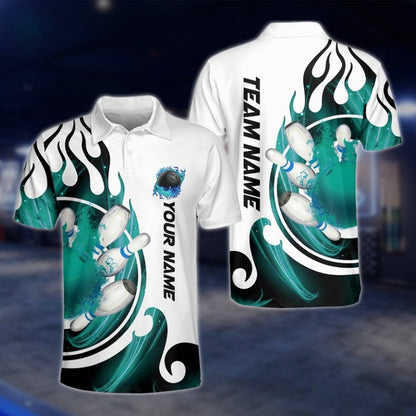 Flame Custom Blue And White Bowling Polo Shirt Mens, Custom Flame Bowling Team Shirts BZ0173