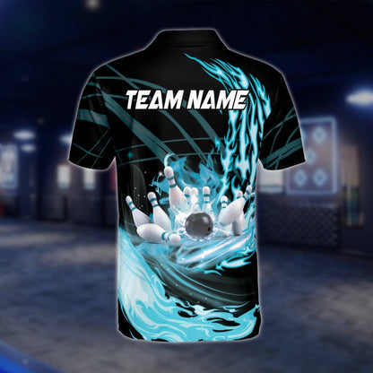 Custom Flame Cyan Bowling Mens Polo Shirt, Custom Team Flame Bowling Shirts BZ0241