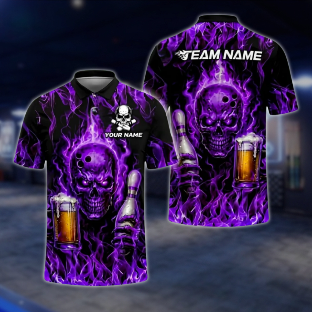 Personalised Blue Flame Skull And Beer Mens Bowling Polo Shirts, Custom Team Skull Bowling Shirts BZ0468