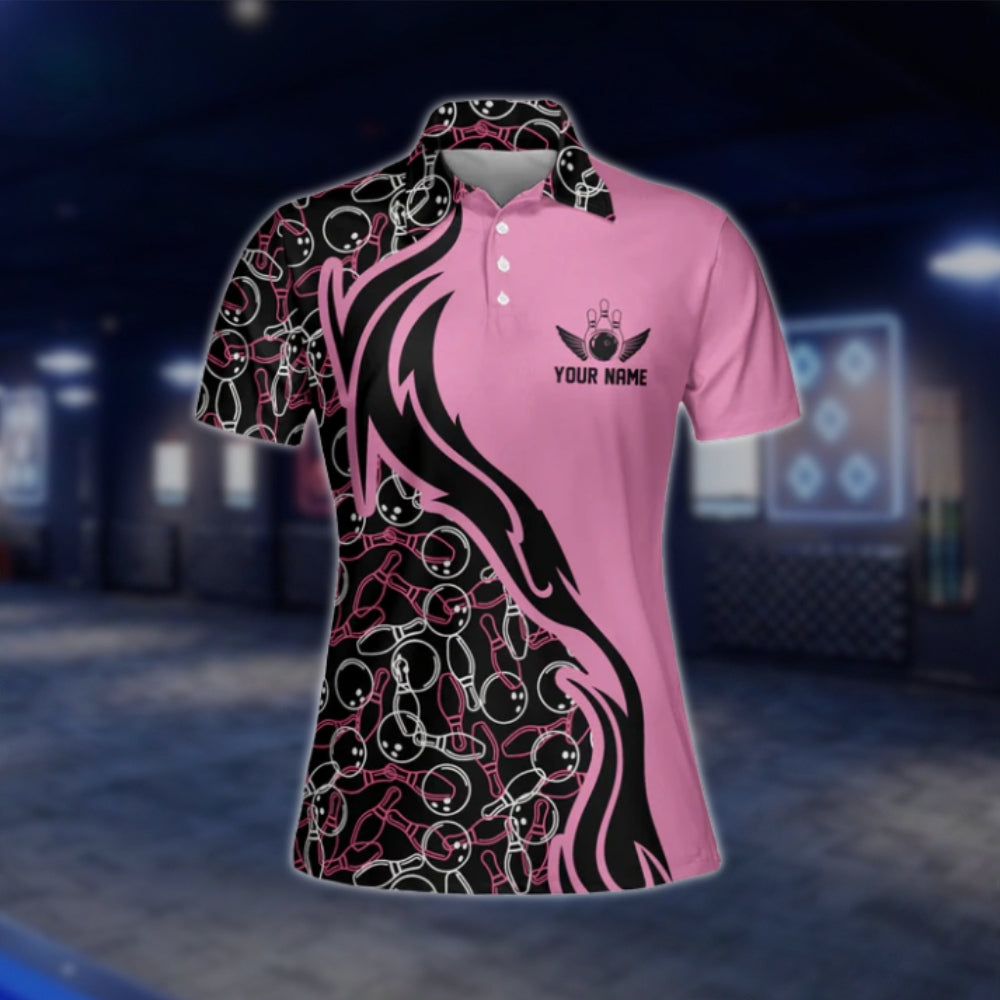 Custom Womens Bowling Pattern Black Pink Bowling Polo Shirt, Custom Bowling Team Shirts For Ladies BW0160