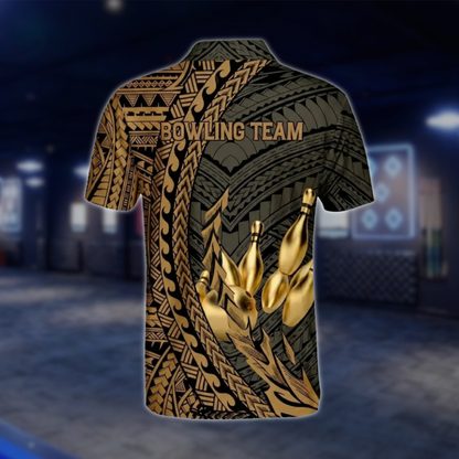 Custom Tribal Golden Black Bowling Polo Shirt For Mens, Custom Tribal Bowling Team Shirts BO0196