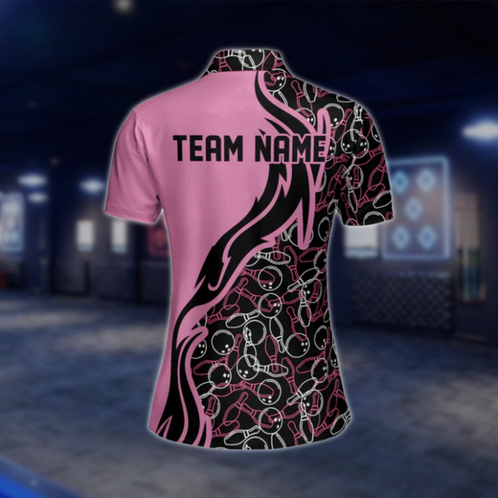 Custom Womens Bowling Pattern Black Pink Bowling Polo Shirt, Custom Bowling Team Shirts For Ladies BW0160