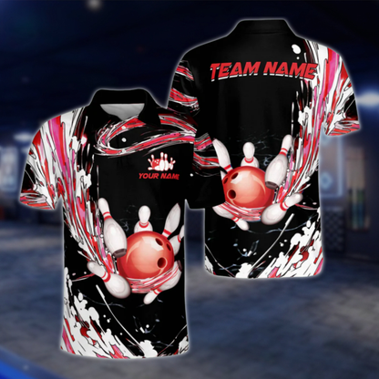Custom Team Red White Black Bowling Mens Polo Shirt, Custom Bowling Shirts BZ0026