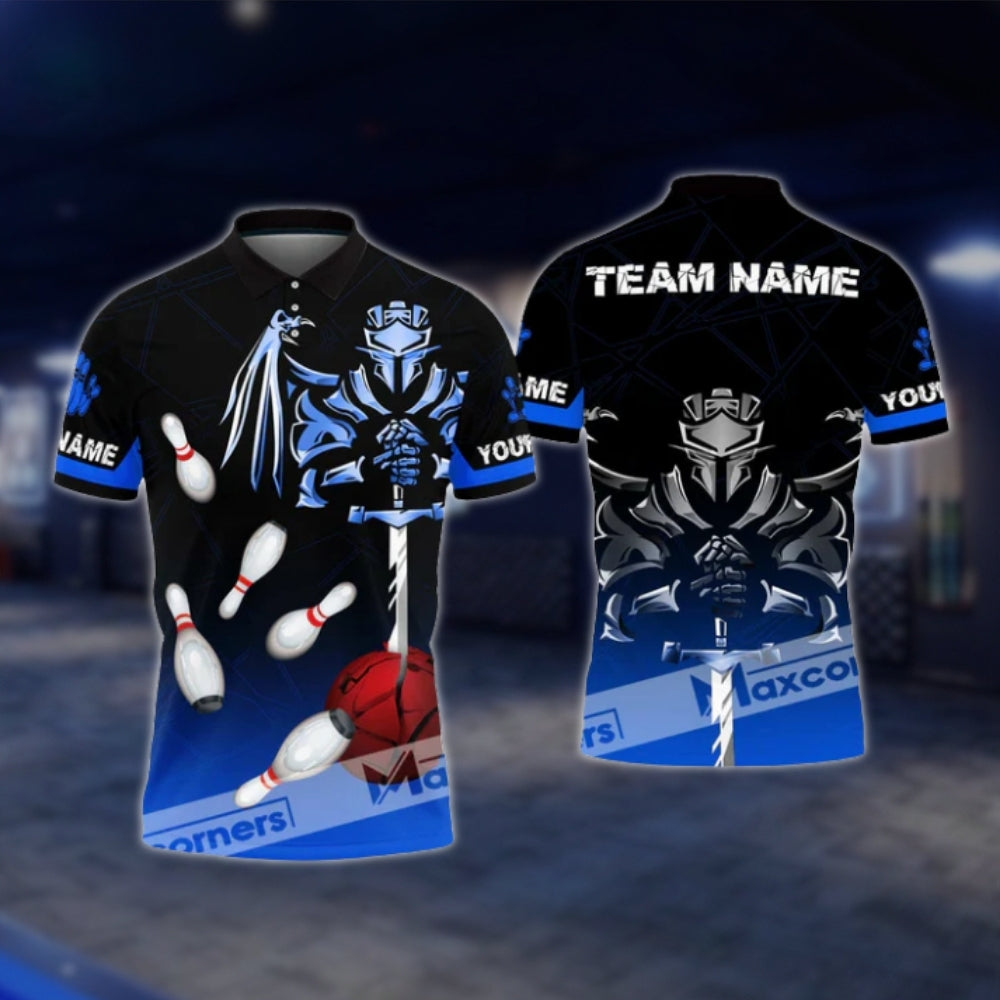 Custom Spartan Black Cyan Bowling Mens Polo Shirt, Custom Spartan Bowling Team Shirts BO0392