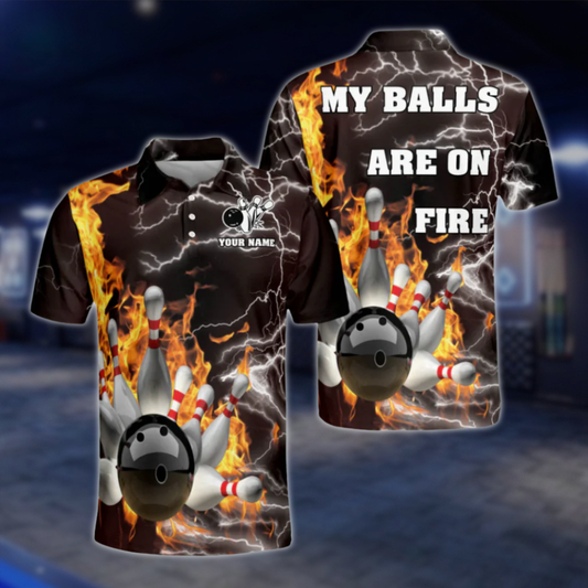 Personalized My Ball Are On Fire Bowling Polo Shirts Mens, Custom Funny Bowling Shirts BZ0014