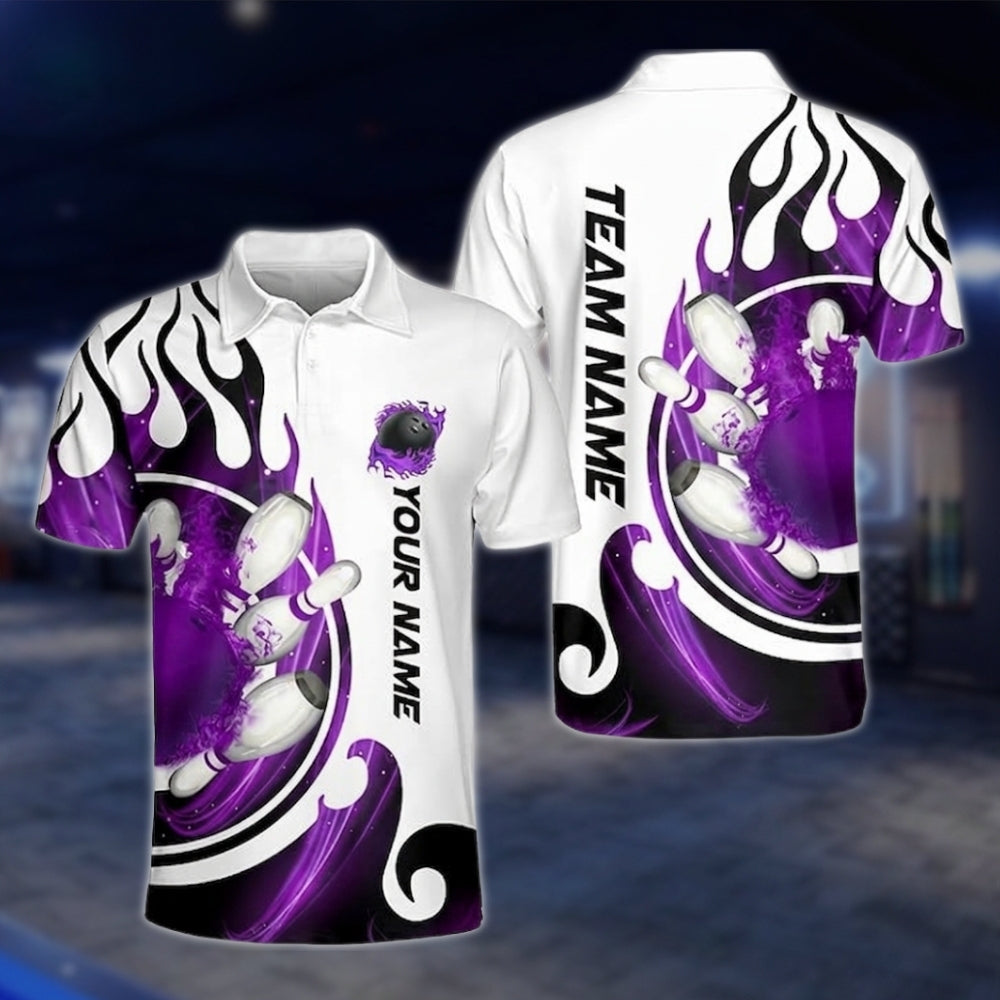 Flame Custom Blue And White Bowling Polo Shirt Mens, Custom Flame Bowling Team Shirts BZ0173
