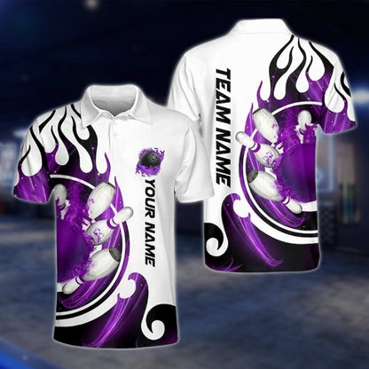 Flame Custom Blue And White Bowling Polo Shirt Mens, Custom Flame Bowling Team Shirts BZ0173