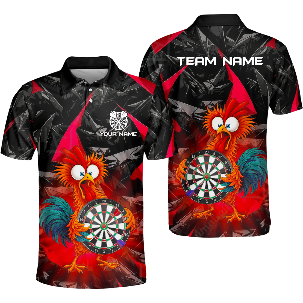 Funny Rooster Mens Bowling Personalized Darts Button Polo