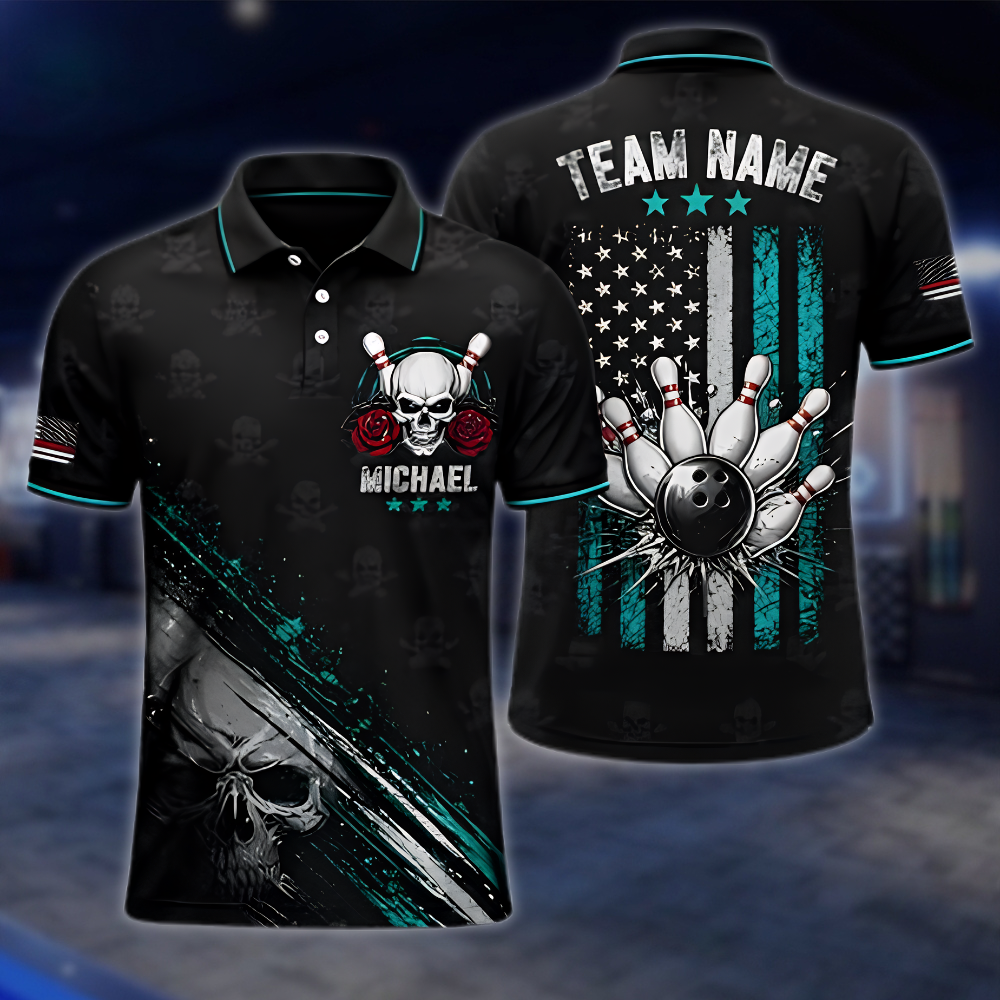 Personalized Skull USA Flag Mens Bowling Polo Shirt Black Red, Custom Skull Bowling Shirt Team BZ0953