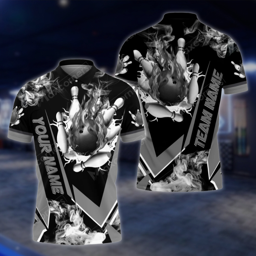 Personalized Mens Flaming Ball Bowling Polo Shirt, Custom Flame Bowling Shirt For Team BZ0811