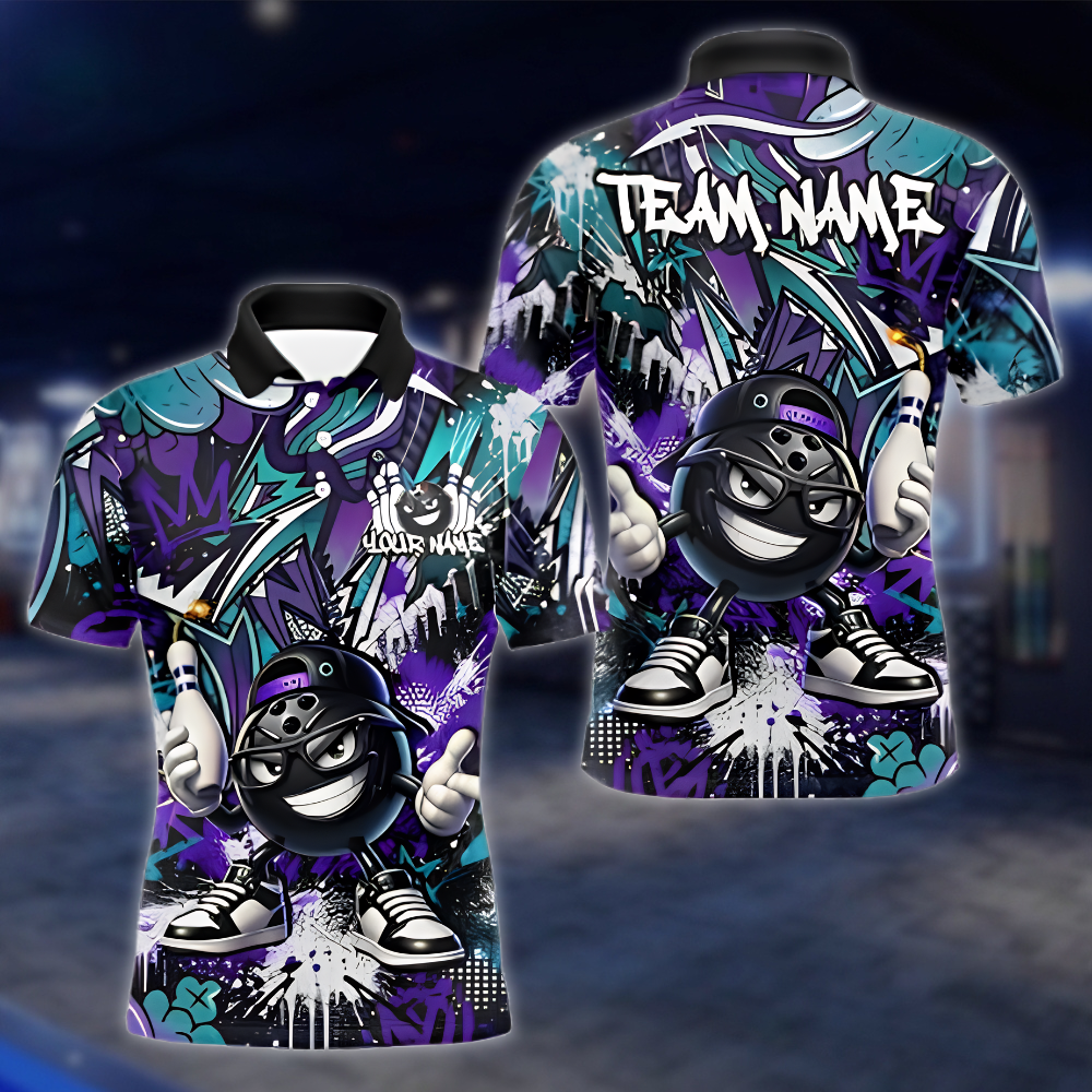 Funny Ball Personalized Graffiti Mens Bowling Polo Shirt, Custom Team Bowling Shirt BZ0914